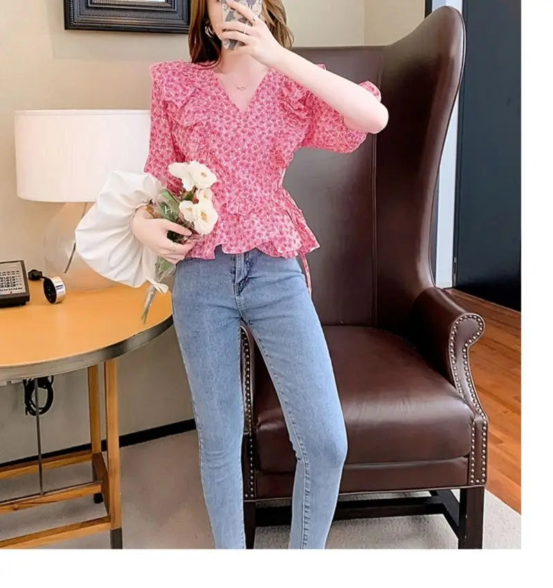 Ruffled V-neck Floral Blouse