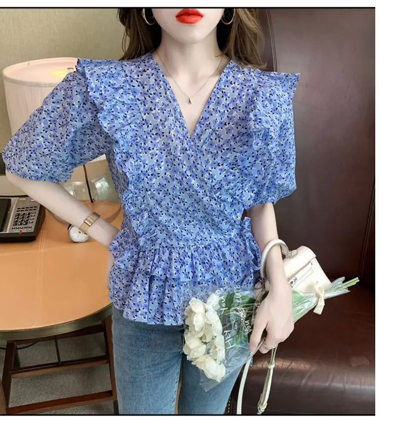 Ruffled V-neck Floral Blouse